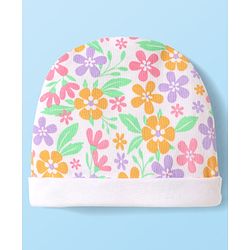Babyhug 100% Cotton Knit Cap Mittens & Booties With Floral Print  White - Diameter 10cm