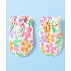 Babyhug 100% Cotton Knit Cap Mittens & Booties With Floral Print  White - Diameter 10cm