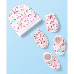 Babyhug 100% Cotton Knit Cap Mittens & Booties With Animal & Floral Print White - Diameter 10cm