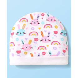 Babyhug 100% Cotton Knit Cap Mittens & Booties With Animal & Floral Print White - Diameter 10cm