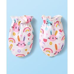 Babyhug 100% Cotton Knit Cap Mittens & Booties With Animal & Floral Print White - Diameter 10cm