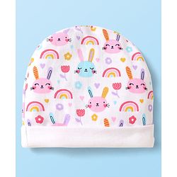 Babyhug 100% Cotton Knit Cap Mittens & Booties With Animal & Floral Print White - Diameter 10cm