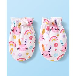 Babyhug 100% Cotton Knit Cap Mittens & Booties With Animal & Floral Print White - Diameter 10cm