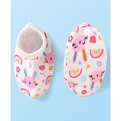 Babyhug 100% Cotton Knit Cap Mittens & Booties With Animal & Floral Print White - Diameter 10cm