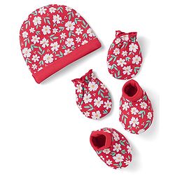 Babyhug 100% Cotton Interlock Knit Cap Mittens & Booties With Floral Print Red - Diameter 10 cm
