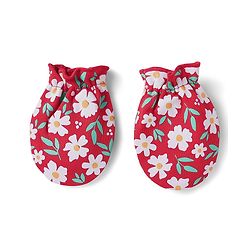 Babyhug 100% Cotton Interlock Knit Cap Mittens & Booties With Floral Print Red - Diameter 10 cm