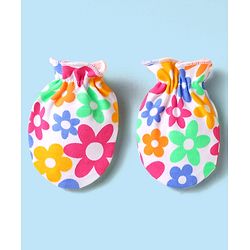 Babyhug 100% Cotton Interlock Knit Cap Mittens & Booties Set With Floral Print White - Diameter 15 cm