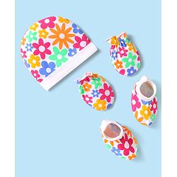 Babyhug 100% Cotton Interlock Knit Cap Mittens & Booties Set With Floral Print White - Diameter 15 cm