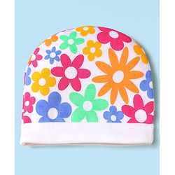 Babyhug 100% Cotton Interlock Knit Cap Mittens & Booties Set With Floral Print White - Diameter 15 cm