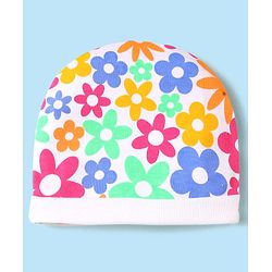 Babyhug 100% Cotton Interlock Knit Cap Mittens & Booties Set With Floral Print White - Diameter 15 cm