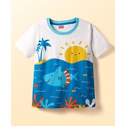Babyhug Cotton Knit Half Sleeves T-Shirt With Beach Theme Print - White & Blue