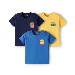 Babyhug Cotton Knit Half Sleeves T-Shirts With Fries & Burger Print Pack of 3 - Navy Blue Blue & Yellow