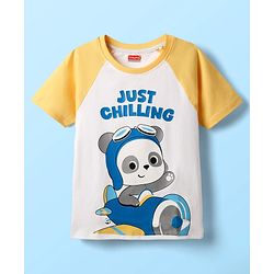 Babyhug Cotton Knit Half Raglan Sleeves T-Shirt with Panda Print - Yellow & White