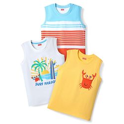 Babyhug Cotton Knit Sleeveless Tank T-Shirts with Beach Theme Print & Stripes Pack of 3 - Yellow White & Red