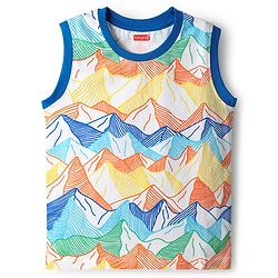 Babyhug Cotton Knit Sleeveless Tank T-Shirts with Mountain Print & Stripes Pack of 3 - Blue