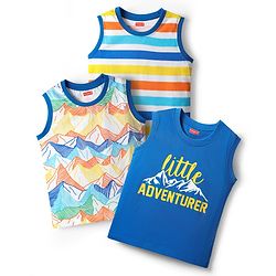 Babyhug Cotton Knit Sleeveless Tank T-Shirts with Mountain Print & Stripes Pack of 3 - Blue