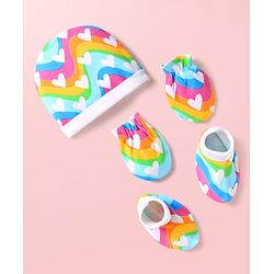 Babyhug 100% Cotton Interlock Knit Cap Mittens & Booties Set with Heart Print & Color Block Design Multicolor - Diameter 14 cm