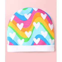 Babyhug 100% Cotton Interlock Knit Cap Mittens & Booties Set with Heart Print & Color Block Design Multicolor - Diameter 14 cm