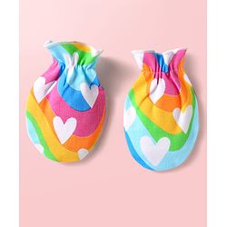 Babyhug 100% Cotton Interlock Knit Cap Mittens & Booties Set with Heart Print & Color Block Design Multicolor - Diameter 14 cm
