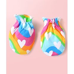 Babyhug 100% Cotton Interlock Knit Cap Mittens & Booties Set with Heart Print & Color Block Design Multicolor - Diameter 14 cm