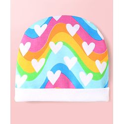 Babyhug 100% Cotton Interlock Knit Cap Mittens & Booties Set with Heart Print & Color Block Design Multicolor - Diameter 14 cm