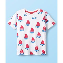 Babyhug Cotton Knit Half Sleeves T-Shirt with Ship Print - Off White