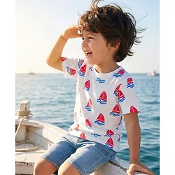 Babyhug Cotton Knit Half Sleeves T-Shirt with Ship Print - Off White
