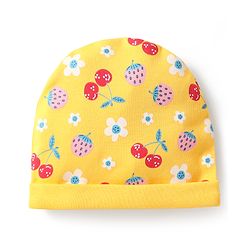 Babyhug 100% Cotton Interlock Knit Cap Mittens & Booties Set with Berries & Floral Print Yellow - Diameter 14 cm