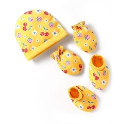 Babyhug 100% Cotton Interlock Knit Cap Mittens & Booties Set with Berries & Floral Print Yellow - Diameter 14 cm