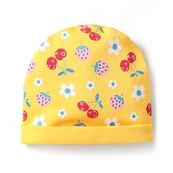 Babyhug 100% Cotton Interlock Knit Cap Mittens & Booties Set with Berries & Floral Print Yellow - Diameter 14 cm