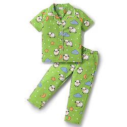 Babyhug Poplin Woven Half Sleeves Front Open Co-ords Night Suit with Ship Print - Light Green