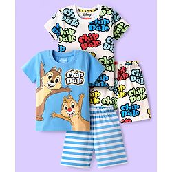 Babyhug Disney Single Jersey Knit Half Sleeves Shorts Night Suit with Chip & Dale Print Pack of 2 - Light Blue & White