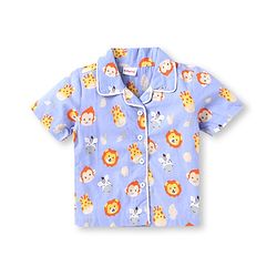 Babyhug Poplin  Woven Half Sleeves Nightsuit With Animal Print - Light Blue