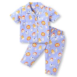Babyhug Poplin  Woven Half Sleeves Nightsuit With Animal Print - Light Blue