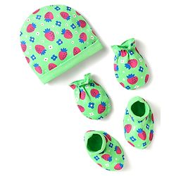 Babyhug 100% Cotton Cap Mittens & Booties Set With Floral & Tropical Theme Print Green - Diameter 14 cm