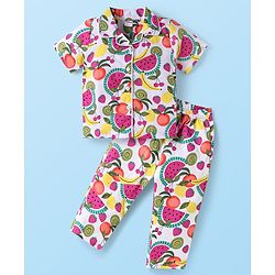 Babyhug Poplin Woven Half Sleeves Night Suit With Tropical Print - White & Pink