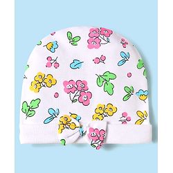 Babyhug 100% Cotton Interlock Knit Cap Mittens & Booties Set With Floral Print White - Diameter 16 cm