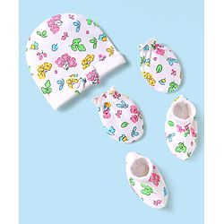 Babyhug 100% Cotton Interlock Knit Cap Mittens & Booties Set With Floral Print White - Diameter 16 cm