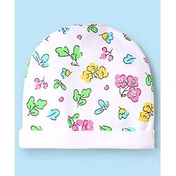 Babyhug 100% Cotton Interlock Knit Cap Mittens & Booties Set With Floral Print White - Diameter 16 cm