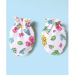 Babyhug 100% Cotton Interlock Knit Cap Mittens & Booties Set With Floral Print White - Diameter 16 cm