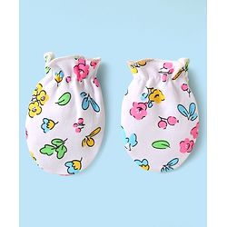 Babyhug 100% Cotton Interlock Knit Cap Mittens & Booties Set With Floral Print White - Diameter 16 cm