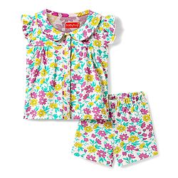 Babyhug Cotton Kit Frill Sleeves Co-ords Peter Pan Collared Front Open Shorts Night Suit with Floral Print - White