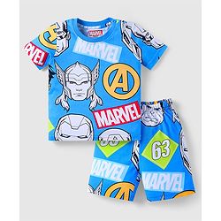Babyhug Marvel Single Jersey Knit Half Sleeves Co-ords Shorts Night Suit with Avengers Graphics - Blue