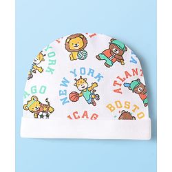 Babyhug 100% Cotton Interlock Knit Cap Mittens & Booties Set With Animal Print White - Diameter 10 cm