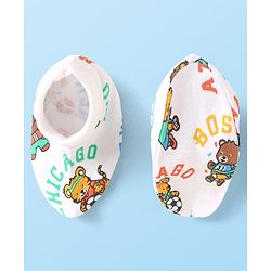 Babyhug 100% Cotton Interlock Knit Cap Mittens & Booties Set With Animal Print White - Diameter 10 cm