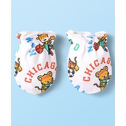Babyhug 100% Cotton Interlock Knit Cap Mittens & Booties Set With Animal Print White - Diameter 10 cm