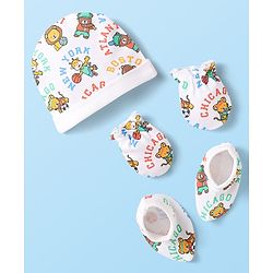 Babyhug 100% Cotton Interlock Knit Cap Mittens & Booties Set With Animal Print White - Diameter 10 cm