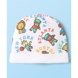 Babyhug 100% Cotton Interlock Knit Cap Mittens & Booties Set With Animal Print White - Diameter 10 cm