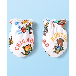 Babyhug 100% Cotton Interlock Knit Cap Mittens & Booties Set With Animal Print White - Diameter 10 cm