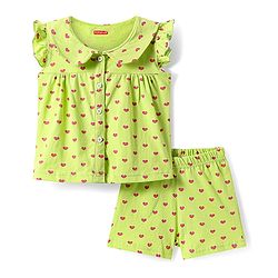 Babyhug Cotton Kit Frill Sleeves Co-ords Peter Pan Collared Front Open Shorts Night Suit with Hearts Print - Light Green